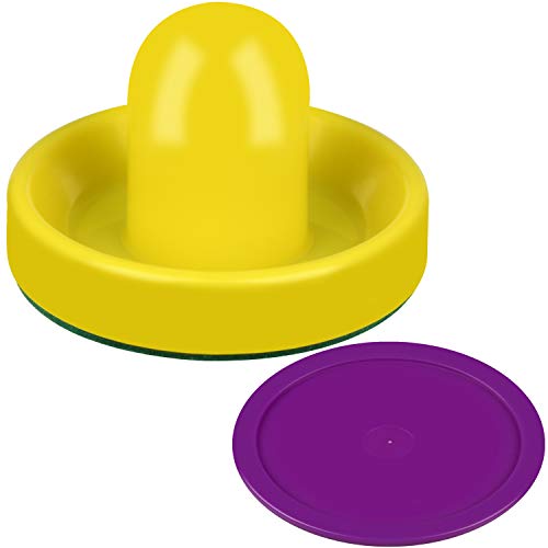 ONE250 Air Hockey Pushers and Purple Air Hockey Pucks, Goal Handles Paddles Replacement Accessories for Game Tables (4 Striker, 4 Puck Pack) (Yellow)