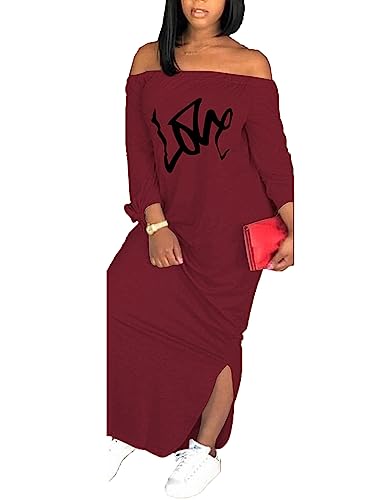 Image of Women's Casual Off Shoulder Maxi Dress - African Print Summer Loose Long Sleeve Tunic T Shirt Dresses with Pockets