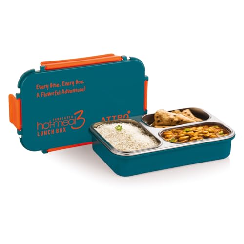 Image of ATTRO Hot-Meal 3 Insulated Lunch Box with 3 Compartment, Inner Stainless Steel & Locking Lid BPA-Free Food Grade Ideal for School, Office - 900ml Dark Blue