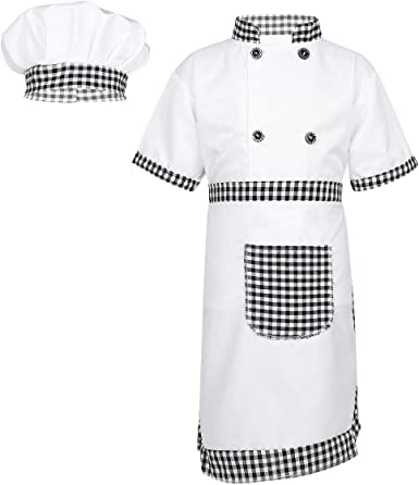 Fancyclub Dingo point Kids Boys Girls Chef Outfit Halloween Cosplay Party Costume Jacket Apron Hat (White Black Check)