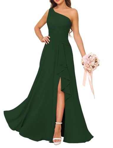 Vestidos de dama de honor de un hombro para mujer, para boda, con volantes, de gasa, vestidos de fiesta formal con abertura, Verde esmeralda., 50 Grande
