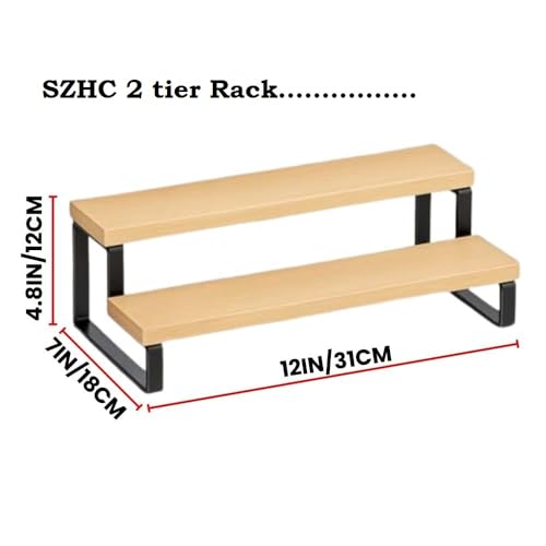 Image of 2-Tier Kitchen Shelf Rack - Expandable Countertop Organizer for Spice Jars, Jars, and Containers | Multipurpose Wooden & Metal Storage Rack for Kitchen, Bathroom, and Office (Beech+Black)