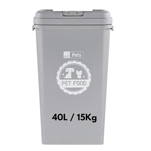 Bedding Home Airtight 15Kg Pet Food Storage Container | Flip Top Lid With Integrated Scoop | 40L Pet Animal Dry Food Dispenser Bin For Cat Food, Dogs Food & Birds Seed (40L Grey)