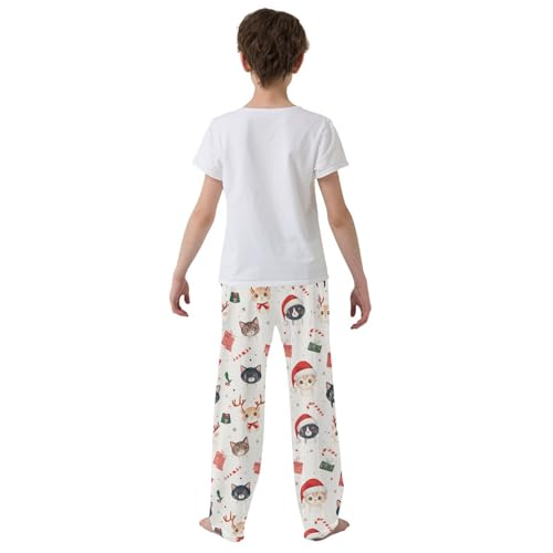 Cat and Candy Cane Boys Long Pants Soft Trousers Elastic Waist Kids Lounge Bottoms with Pockets S-XL3