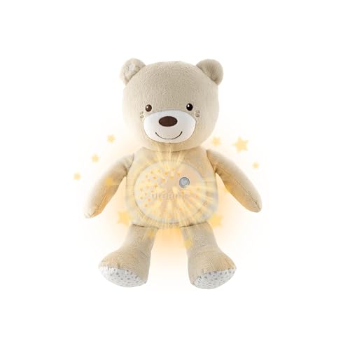 Chicco First Dreams Osito de Peluche, Proyector Suave con Luz Nocturna para Niños, Efectos Luminosos y Melodías Relajantes, Beige - Juguetes para Bebés desde 0 Meses.