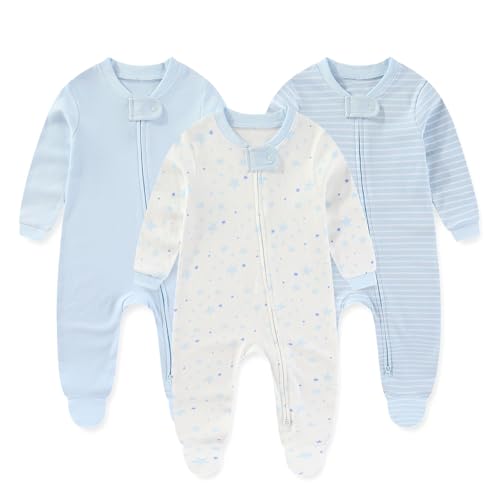 Image of JELYLOVE Unisex Zipper Baby Footies Rompers Long Sleeve 3 Pack Infant Boy Girl Jumpsuits 0-12Months Babies Outfits