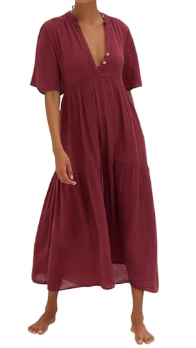 R.Vivimos Womens Summer Cotton Flowy Maxi Dress Short Sleeve V Neck Empire Waist Boho Tiered Ruffle Casual Loose Long Dresses (Large, Wine Red)