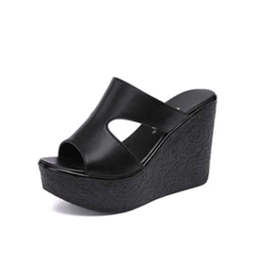 Women'S Leather Cutout Platform Wedge Sandals Fashion Round Open Toe Slip On Wedge Slides Sandals Summer Leisure Beach Vacation Slides