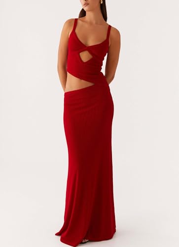 Image of Yiulangde Womens Elegant Spaghetti Strap Maxi Dress Backless Cut Out Bodycon Summer Cami Dress Sexy Formal Cocktail Dresses