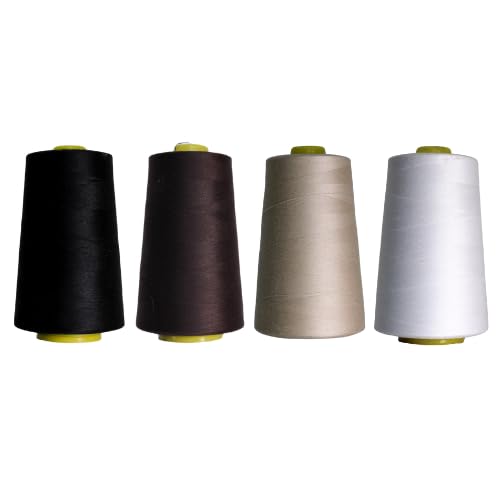 Rhapsew Overlocking Thread Cones – 4 x 5000m | Assorted Sets | Polyester Overlocker Thread for Serger & Sewing Machines | Tailoring, Dressmaking & Repairs (Black, White,Brown, Cream)