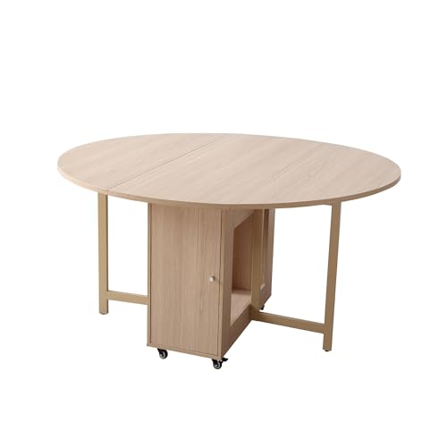 COMUHOME 47.3' Round Folding Dining Table for 4-8, Wood Kitchen Foldable Dining Table Large Drop Leaf Dinner Table with Storage Shelf Metal Legs for Home Dining Room Living Room in Wood Color