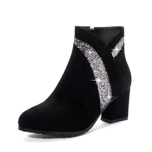 gongxifacai Woman Fashion Block Chunky Heel Ankle Booties Round Toe Side Zipper Dress Boots