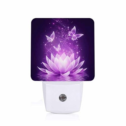Image of LED Night Light,Purple Lotus Flower Butterfly LED Night Light Plug into Wall with Dusk to Dawn Light Sensor White Energy Efficient Nightlight for Bedroom Bathroom Hallway Living Room Kitchen