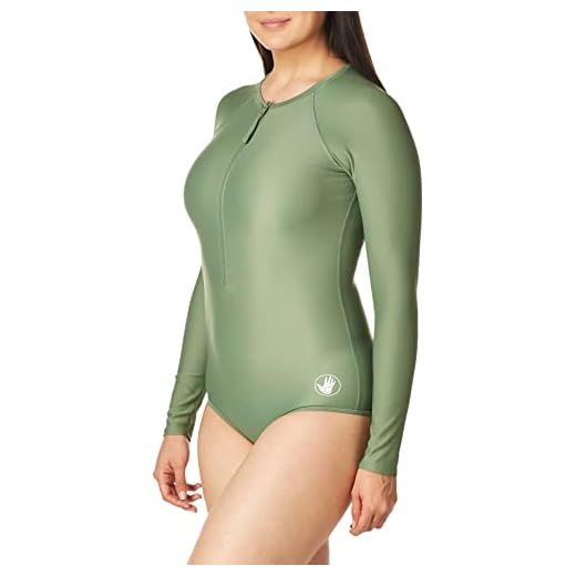 Body Glove Maiô feminino padrão Smoothies Chanel liso manga longa zíper frontal remo peça única, Cacto, M