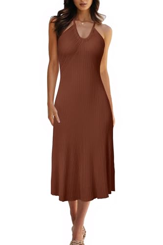 Image of Arach&Cloz Women's Knit Adjustable Halter V Neck Summer Vacation Dress 2025