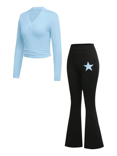 OYOANGLE Girl's Fall Outfits Collared V Neck Long Sleeve Tshirt and Star Bell Bottom Pants Workout Set3