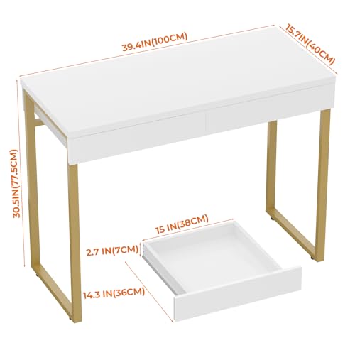 Image of GreenForest Vanity Desk with 2 Drawers,39 inch White Desk with Glossy Desktop Easy Clean,Makeup Dressing Table with Metal Gold Legs for Home Office Small Spaces,Bedroom