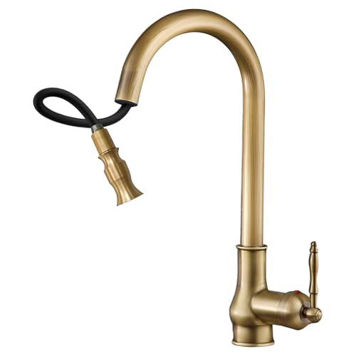NIUKOMY Antique Robinet Cuisine, Mitigeur Douchette Extractible Cuisine Laiton, Rotatif à 360° Robinet d'évier de à Levier Réglable Chaud et Froid à...