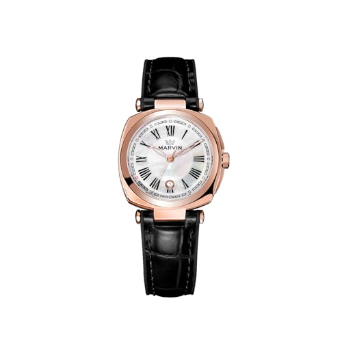 marvin Watches for Women Swiss Women's Wrist Watch with Silicone and Leather Strap,Rose Glod-Tone Stainless Steel Case,Quartz Movement,50M Waterproof