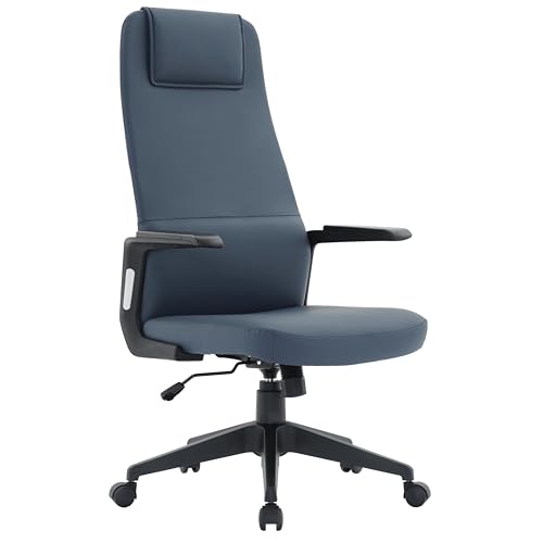Image of LeisureMod Ergonomic High-Back Leather Office Chair - Blue Swivel Desk Chair with Adjustable Height, Tilt, Padded Headrest & Double Wheel Casters, Comfortable for Home or Office