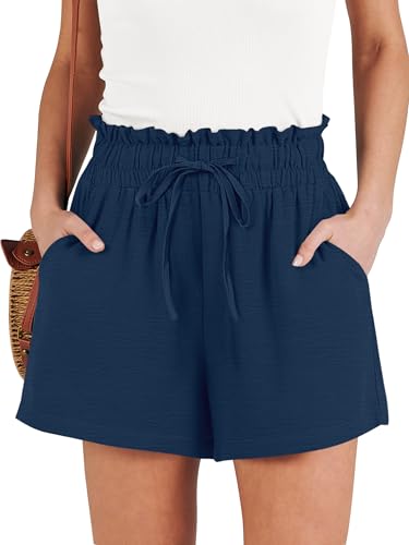 ANRABESS Shorts for Women Summer Casual High Waisted Wide Leg Drawstring Lounge Shorts Comfy 2026 Beach Vacation Clothes Medium Navy Blue