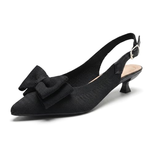 Image of youngshow Women's Slingback Kitten Heels for Work | Knit, Low Heels, Elastic Back Strap, Slip on, Pumps for Office, Wedding, Party