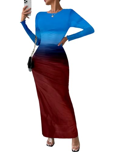 Image of MARZXIN Women Long Sleeve Maxi Dress Bodycon Ruched Formal Slim Fit Tie Dye Dress Formal Mesh Dress
