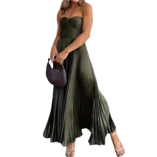 Women Sexy Sleeveless Solid Color Party Dress Pleated Big Swing Evening Elegant Strapless Backless Zip Long Dress