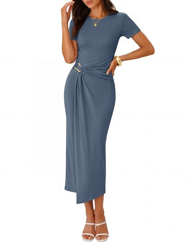 ZESICA Women's 2026 Summer Short Sleeve Bodycon Midi Dress Crewneck Ruched Wedding Guest Cocktail Party Long Dresses, Dusty Blue, Small