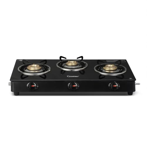 Prestige Iris 3 Burner Gas Stove | Toughened Glass Top | Tri-Pin Brass Burners | Ergonomic Knob | Black | 2Y Warranty | ISI Certified