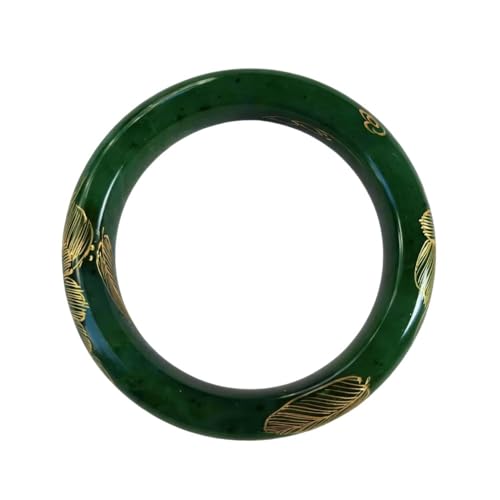 URED Carved Flower Green Hetian Jade Bangle Bracelet for Women
