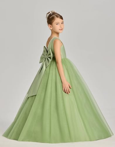 Flower Girls Dress for Wedding Satin Tulle Pageant First Communion Dress Pearls Ball Gown with Bow-Knot4