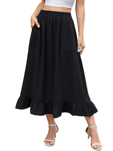 Berydress Women's Black Skirts with Pockets Elastic High Waist Flowy Casual Ruffle Tiered Summer Skirt(M,6277-Black)