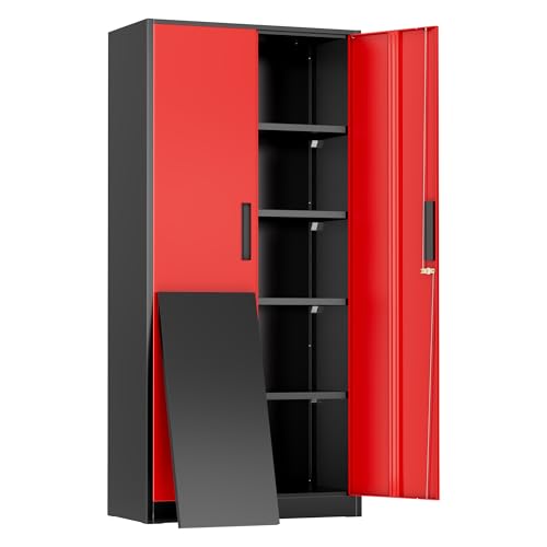 Image of Greenvelly Metal Storage Cabinet,72 inch Locking Metal Garage Storage Cabinet with Doors and 4 Adjustable Shelves, Lockable Steel Cabinet for Home Office, Garage, Shop, School (Red 32 inch W x 16 inch D)