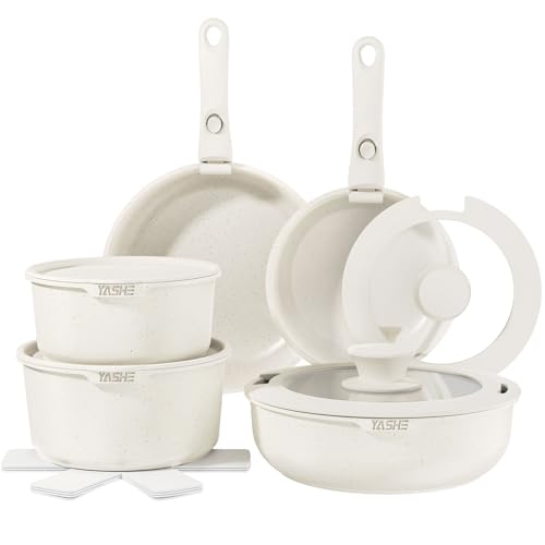 YASHE 15-Piece Cookware Set,Non-Stick Granite Pots and Pans with Detachable Handles, Stackable, Easy to Clean, Induction, Gas & Ceramic Hob Compatible