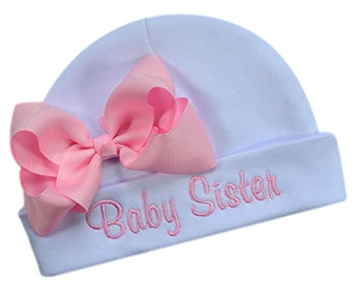 Funny Girl Designs Baby Sister Embroidered Newborn Infant Hat with Grosgrain Bow (White Hat with Light Pink Bow & Thread)