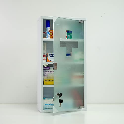 HS-Lighting Medizinschrank Arzneischrank XXL Erste Hilfe Schrank abschließbare Hausapotheke aus Metall, Glastür mit Tip-on Automatik, inkl. 2 Schlüsseln 60 * 30 * 12cm (Weiß-4 Fächer)