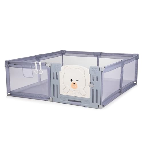 AMICO Parque bebé 180 × 200 cm con puerta, redes transpirables y 2 asas, color gris sin alfombra