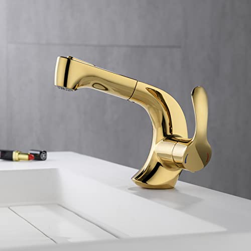 Robinet mitigeur de lavabo monotrou extensible et doré pour eau chaude et froide