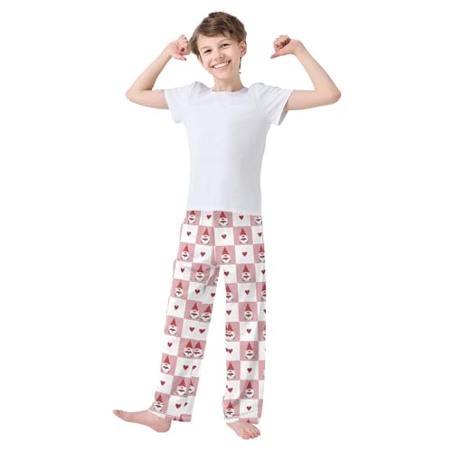 Gnome Love Heart Plaid Boys Long Pants Soft Trousers Elastic Waist Kids Lounge Bottoms with Pockets S-XL2