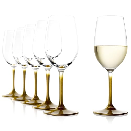 Stölzle Lausitz Copas de Vino Blanco Gold Event Juego de 6, 360 ml – Copas Elegantes para Vinos Blancos y Tintos Suaves – Cristal con Pie y Tallo Dorados – Apto para Lavavajillas, Hecho en Alemania