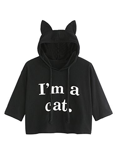 ROMWE Women's Half Sleeve Slogan Letter Print Cute Cat Ear Crop Hoodie Tee