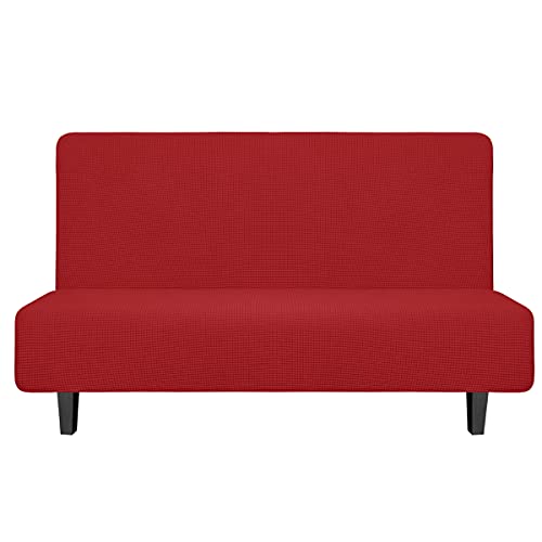Image of Easy-Going Stretch Medium Futon Slipcover Armless Futon Cover Christmas Red | Sofa Bed Furniture Protector Without Armrests with Elastic Bottom for Kids, Soft Jacquard Machine Washable