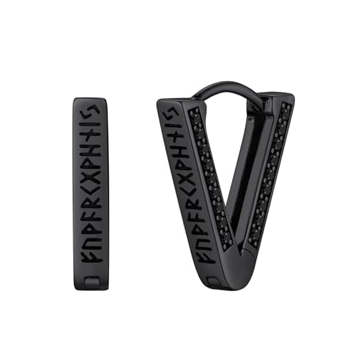 FaithHeart Norse Viking Runes Hoop Earrings for Men Hypoallergenic Stainless Steel Punk Huggie Hoop Earring Sturdy Norse Mythology Jewelry Gifts with Delicate Packaging Sterling Silver & Bla