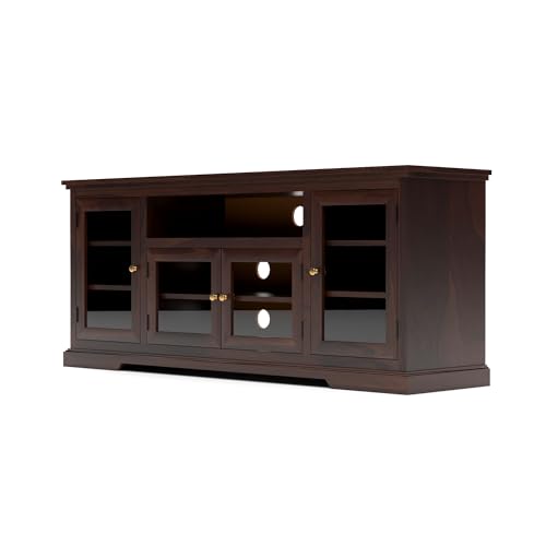 Image of Sheesham Solid Wood TV Cabinet for Living Room | Handcrafted Wooden TV Unit with Storage | Elegant Entertainment Stand for Modern Homes (Glass Tv Cabinet, Walnut)