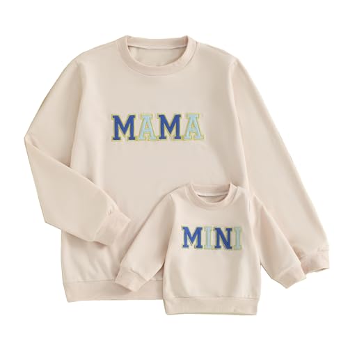 ZAXARRA Mommy and Me Matching Outfits Long Sleeve Crewneck Pullover Tops Mama Sweatshirt Mama and Mini Clothes (Baby, 0-6 Months, Mama and Mini-Blue)
