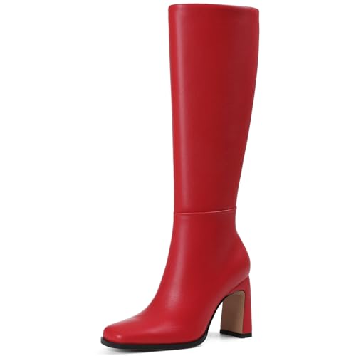 Phefarer Knee High Wide Calf Boots for Women Square Toe Chunky Heel Red Leather Tall Boots With Side Zipper Fall Winter Fashion Dress Long Booties Size 8.5