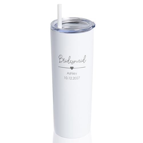 Lifetime Creations Personalized Bridesmaid Proposal Gift Tumbler with Straw 20 oz - Custom Engraved Maid of Honor, Bridal Party, Stainless Steel Vacuum Insulated Skinny Tumbler (White, Option B)