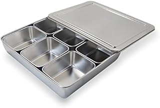 Stainless Steel Seasoning Box with Lid and Holder Tray, 6 Compartments Rectangle Masala Dabba Spice Container, Indian Masala Box Organizer Set for Kitchen Condiment Storage (6 Compartments)