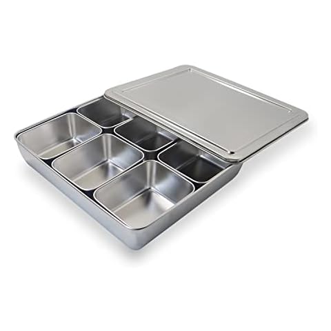 Stainless Steel Seasoning Box with Lid and Holder Tray, 6 Compartments Rectangle Masala Dabba Spice Container, Indian Masala Box Organizer Set for Kitchen Condiment Storage (6 Compartments) Cover
